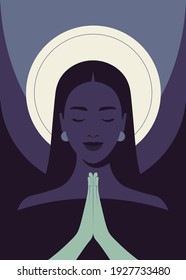 Portrait of a young woman with closed eyes prays to god. Religion and faith. Flat vector illustration