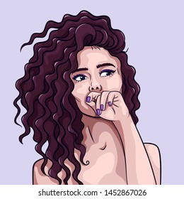 Portrait of a young woman with dark curly hair holding her hand at the mouth. Illustration of thinking, making choice, decision, doubt, question, hesitation, disbelief. Isolated vector profile picture