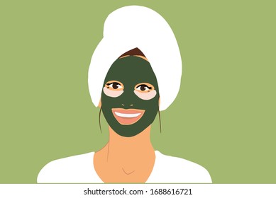 Portrait of a young woman with facial mask, eye patches and towel on the green background. Skin care and beauty concept. Colorful vector illustration in flat cartoon style