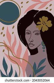 Portrait of a young woman with a flower in her hair surrounded by leaves in a modern abstract style. Contemporary wall art