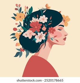 Portrait of young woman with flowers in hair on gentle pastel beige background. Happy Women's Day. Feminism concept, women empowerment, gender equality. Happy Mother's Day. Spring autumn vector 