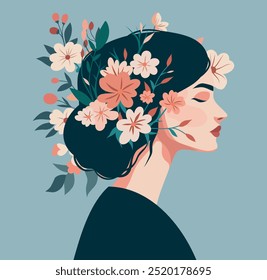 Portrait of a young woman with flowers in her hair on a gentle blue background. Happy Women's Day. Feminism concept, women empowerment, gender equality. Happy Mother's Day. Vector illustration