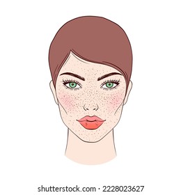 Portrait of  young woman with freckles on her face.
