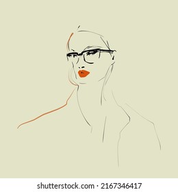 Portrait of young woman with glasses. Fashion illustration in sketch style. Vector