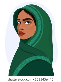 Portrait of a young woman in a green hijab. Arab, Islamic woman. Girl in traditional dress. Women's day.