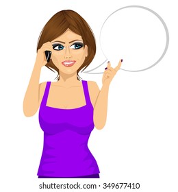 portrait of young woman having conversation using her smartphone with a speech bubble isolated on white background