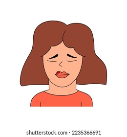 Portrait of a young woman with herpes virus on her lips. Vector illustration in doodle style
