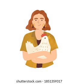 Portrait of young woman holding cute hen in her arms isolated on white background. Female character taking care of domestic farm animal. Vector illustration in flat cartoon style