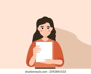 portrait of young woman holding empty white paper sheet or  showing blank sign poster over isolated background. vector and illustration.