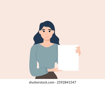 portrait of young woman holding empty white paper sheet or  showing blank sign poster over isolated background. vector and illustration.