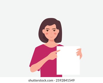 portrait of young woman holding empty white paper sheet or  showing blank sign poster over isolated background. vector and illustration.