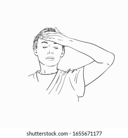 Portrait of young woman holding hand on her forehead, Vector sketch, Hand drawn illustration