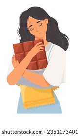 Portrait of young woman hugging chocolate bar loving sweets isolated on white background. Vector illustration of female character having addiction of desserts junk food