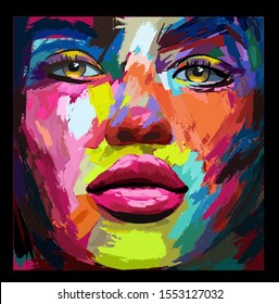 Portrait young  woman in knife acrylic painting style    vector illustration (Ideal for printing fabric paper  poster wallpaper  house decoration) The portrait is totally fictitious