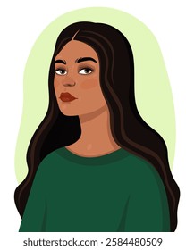 Portrait of a young woman with long black hair and dark skin. Women's day. Pretty girl in green clothes. Vector illustration.