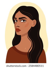 Portrait of a young woman with long black hair. Pretty Arab or Asian girl in red clothes. Women's day. Vector illustration.