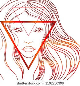 Portrait of a young woman. Young woman with long hair. Linear graphics. Theme of magic. Vector illustration. On a white background.