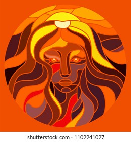 Portrait of a young woman. Young woman with long hair. Linear graphics. Style of stained glass. Stained glass. Vector illustration. Vector. Sunset colors.