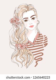 Portrait of a young woman with long hair. Pretty girl in a striped sweater. Vector portrait