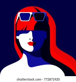 Portrait of young woman. Long hair, sunglasses. Vector illustration