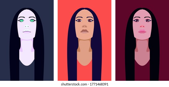 Portrait of a young woman with long straight hair. Avatar for social networks. Different color options. Vector flat illustration