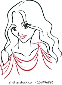 Portrait of the young woman with long wavy hair in a red tunic. Vector image, red and black color/Portrait of greek woman 