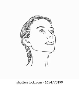 Portrait of young woman looking up on side, Vector sketch, Hand drawn illustration