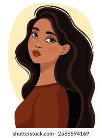 Portrait of a young woman with lush black hair and dark skin. Women's day. Pretty girl in brown clothes. Vector illustration.