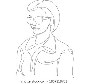 Portrait of a young woman with luxurious long hair wearing sunglasses. One continuous drawing line, logo single hand drawn art doodle isolated minimal illustration.
