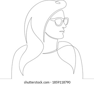 Portrait of a young woman with luxurious long hair wearing sunglasses. One continuous drawing line, logo single hand drawn art doodle isolated minimal illustration.