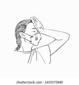 Portrait of young woman in medical face mask holding hand on her forehead, Vector sketch, Hand drawn illustration