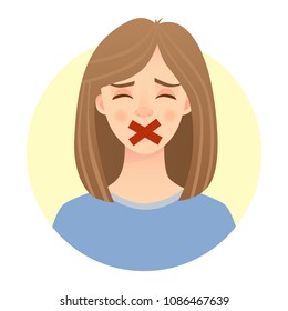 Portrait of young woman with mouth and lips sealed in adhesive tape. Young woman with taped mouth vector illustration