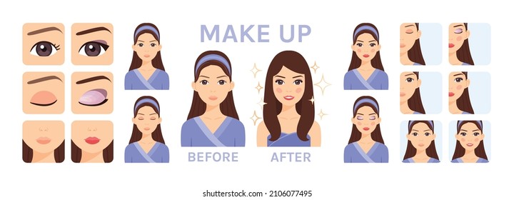 Portrait of Young Woman with Natural Beauty. Pretty Adult Girl with Makeup on Face. Steps. Before and After. Icons of Eye Lip Makeup. Set. Cartoon Color style. Vector illustration for Beauty Design