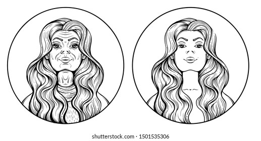 Portrait of a young woman and an old woman. Beautiful grandmother, body positive, the elderly. Expression wrinkles, beauty. Linear black outline. Vector