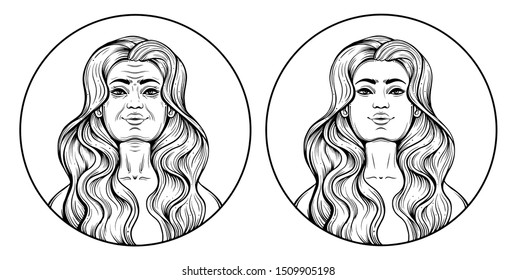 Portrait of a young woman and an old woman. Beautiful grandmother, body positive, the elderly. Expression wrinkles, beauty. Linear black outline. Vector