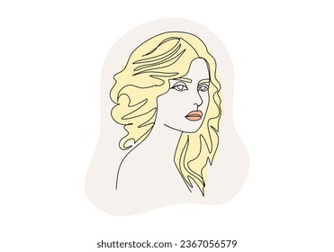 Portrait of young woman. One line drawing colored with pastel colors, vector illustration.