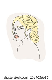 Portrait of young woman. One line drawing colored with pastel colors, vector illustration.
