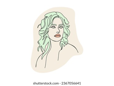 Portrait of young woman. One line drawing colored with pastel colors, vector illustration.