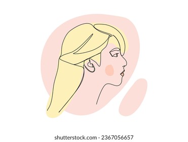 Portrait of young woman. One line drawing colored with pastel colors, vector illustration.