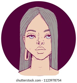 Portrait of a young woman with piercing. Hand drawn vector illustration.