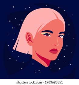 Portrait of a young woman with pink hair on a starry background. The modern witch. Vector flat illustration