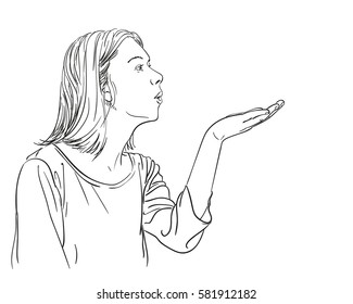 Portrait Of Young Woman In Profile Blowing A Kiss, Hand Drawn Illustration, Vector Sketch