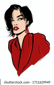 Portrait of a young woman with red coat - vector illustration (Ideal for printing on fabric or paper, poster or wallpaper, house decoration)
