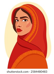 Portrait of a young woman in a red hijab. Arab, Islamic woman. Girl in traditional dress. Women's day.