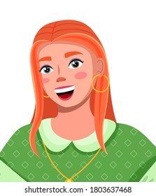 Portrait of a young woman with red long hair wearing green dress. Cute smiling girl isolated on white background flat style. Pretty positive female character, student or businesswoman, beauty blogger