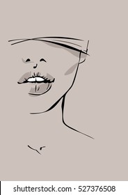 Portrait Of Young Woman With A Ribbon On Eyes. Sexual And Beautiful Lips.Vector Illustration.Hand Draw Design For Poster.