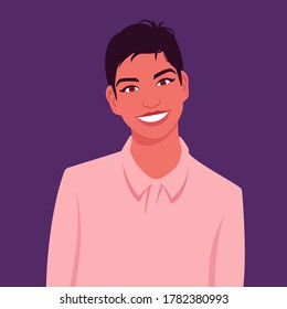 Portrait of a young woman with short hair. Hispanic girl in a pink shirt. Informal office wear. Colorful vector illustration in flat cartoon style.