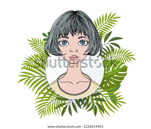 Portrait Young Woman Short Hair Floral Stock Vector Royalty Free