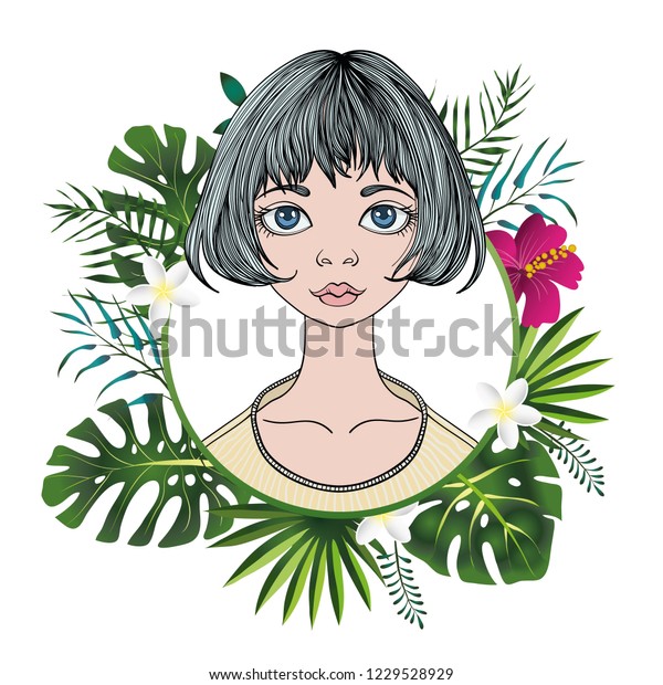 Portrait Young Woman Short Hair Floral Stock Vector Royalty Free