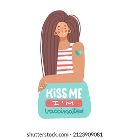 Portrait of young woman with shoulder patch after vaccination. Hand drawn lettering of Kiss me, I'm vaccinated. Concept for getting vaccination, time to vaccinate, herd immunity. Flat vector design.